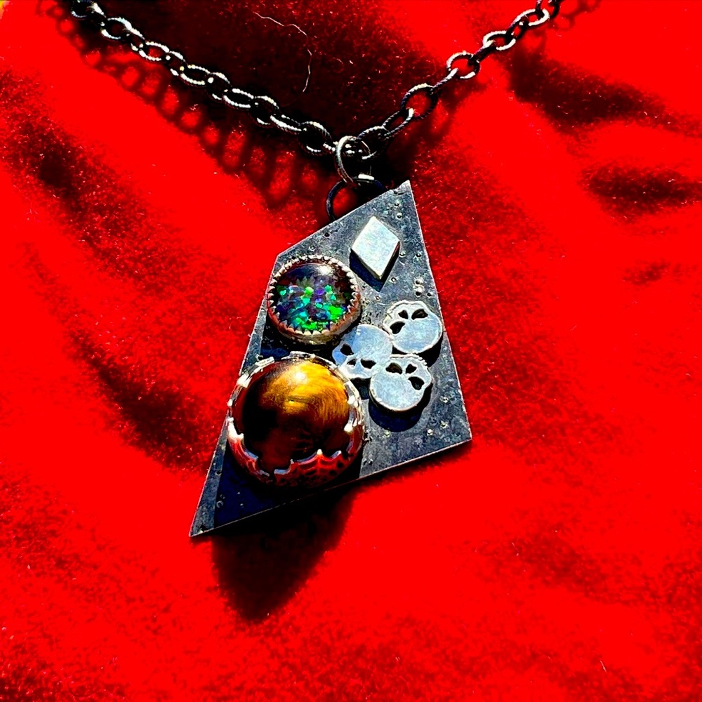 ONE OF A KIND Handmade skulls and web sterling silver necklace with tigers eye